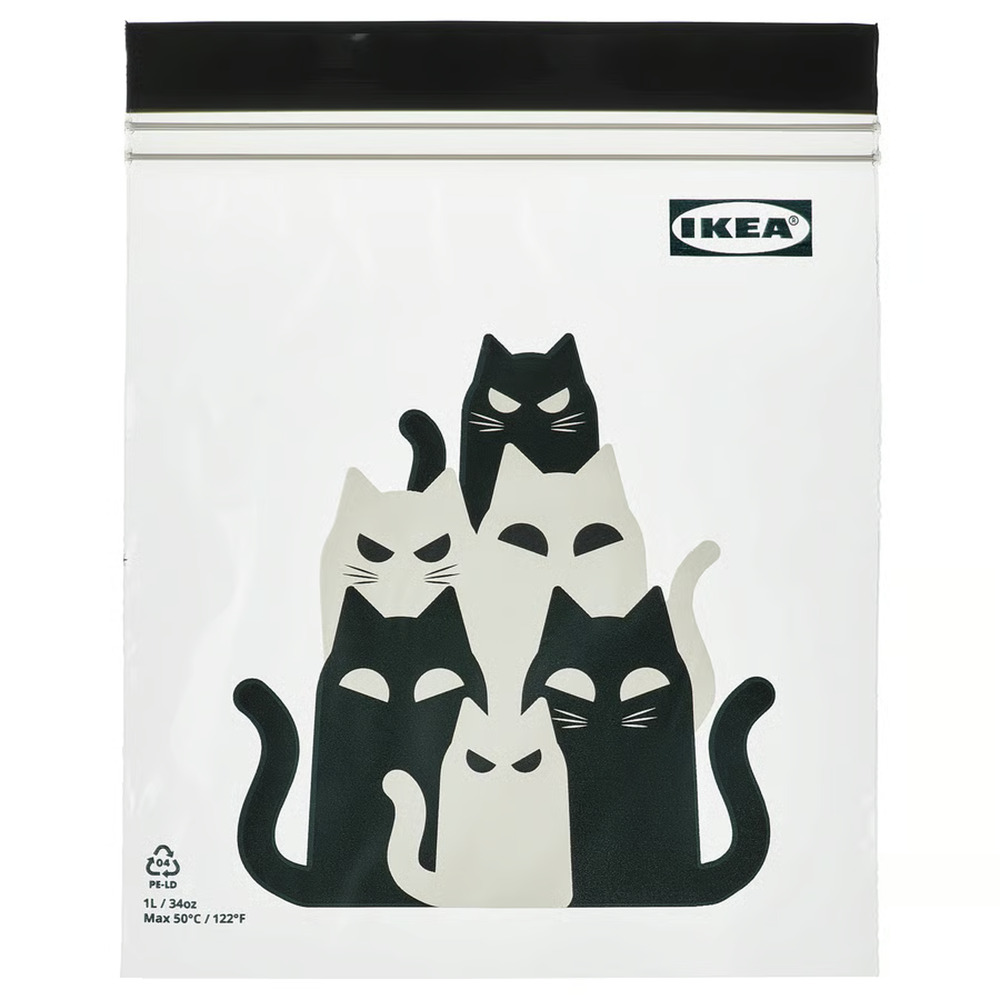 IKEA KUSTFYR Resealable Bag, Cat Pattern Gray, 34 Oz (505.996.09) NEW